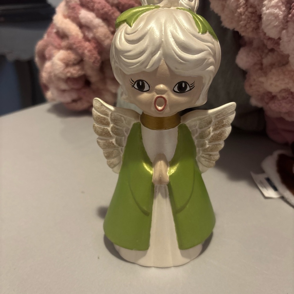 Vintage Ceramic Angel Figurine in Green and White